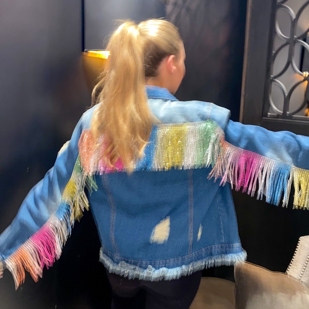 Rainbow Bling Fringe Denim Jacket